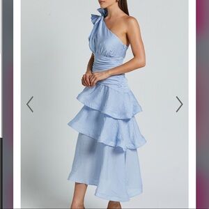 NWT EUGENIA MIDI DRESS - ONE SHOULDER FIT AND FLARE LAYERED DRESS IN PALE BLUE